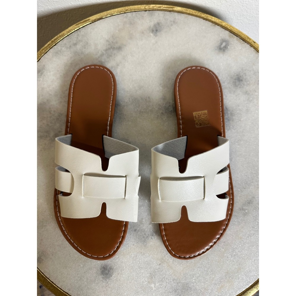 Womens White H Cutout Flat Slide Sandals Cognac Brown Footbed